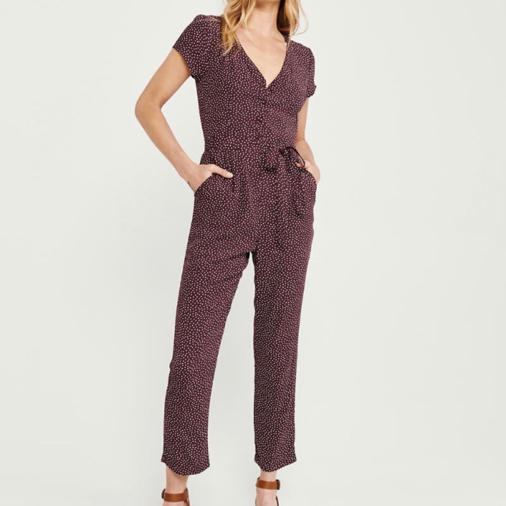A&F Button front maroon dot jumpsuit